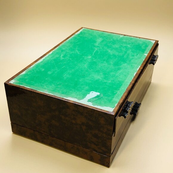 Vintage 60s Jewelry Chest Dresser Box with Drawer: Brown Vinyl Orange Lining - Picture 7 of 10